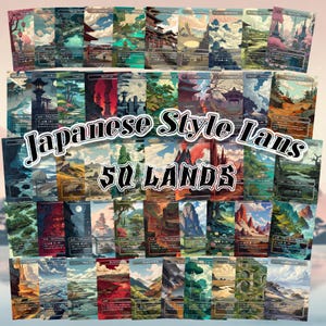 May include: A collection of 50 Japanese-style land cards, each featuring unique landscape art. The cards display various scenes with temples, mountains, and natural elements. The text "Japanese Style Lands" and "50 LANDS" are prominently displayed.