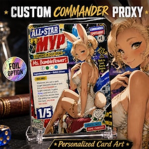 May include: A custom Commander proxy card featuring a fantasy illustration of a woman with bunny ears. The card has the text "Ms. Bumbleflower" and "ALL-STAR MVP". The card is displayed in a clear acrylic stand with the text "CUSTOM COMMANDER PROXY" and "Personalized Card Art".