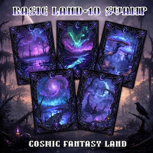 May include: Five fantasy art cards with swamp and cosmic themes. Each card features a different landscape with purple, blue, and green hues. The cards are framed with a dark purple border and the text "BASIC LAND-10 SWAMP" and "COSMIC FANTASY LAND" are at the top and bottom.