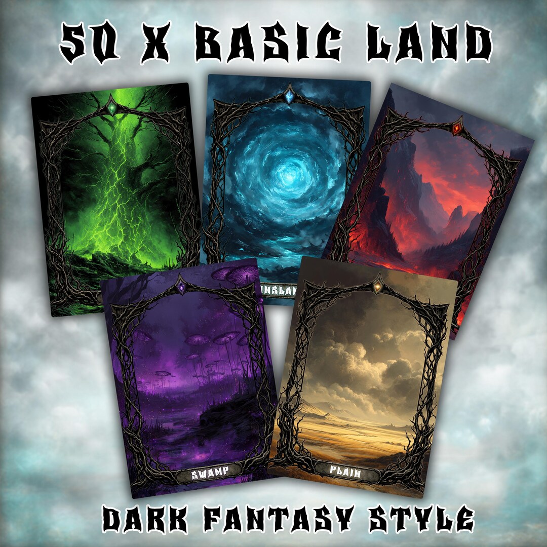 50 Basic Land Proxy Cards, Original Dark Fantasy MTG Land Set, 5 Full ...