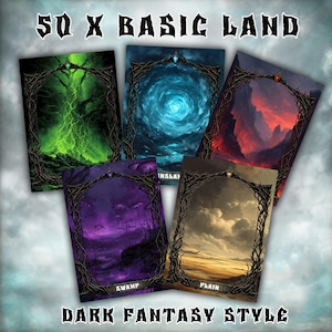 May include: Five fantasy-themed card designs with dark, gothic borders. The cards feature landscapes of a swamp, plain, and other environments. The text "50 X BASIC LAND" and "DARK FANTASY STYLE" are displayed at the top and bottom of the image.