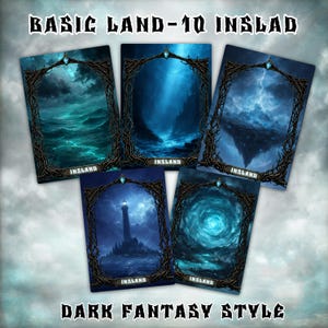 May include: Five dark fantasy style cards with various landscape scenes. Each card features a different environment: stormy ocean, underwater cave, floating island with lightning, lighthouse, and a swirling vortex. The cards have a decorative frame and the word "INSLAND".