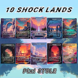 May include: A collection of ten fantasy art cards with various landscapes, including a fountain, a swamp, and a forest. The cards feature text and are labeled "10 SHOCK LANDS" and "PIXI STYLE". The artwork showcases vibrant colors and detailed scenery.