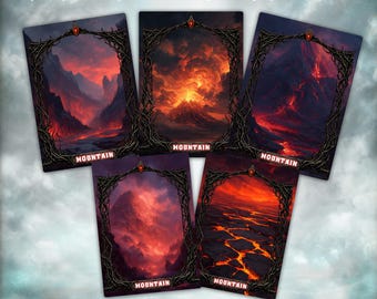 10 carte proxy terra base montagna, set Montagna di Dark Fantasy MTG, paesaggio vulcanico a illustrazione completa, foil o non foil