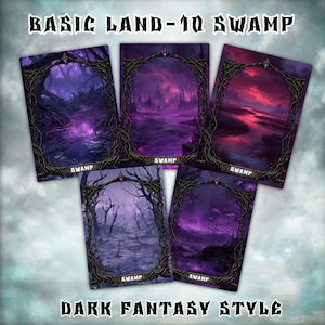 Peut inclure: Cinq cartes d'art fantastique sur le thème des marais, aux couleurs violet foncé et noir. Chaque carte présente un paysage de marais différent dans un cadre décoratif et sombre. Le texte "BASIC LAND-10 SWAMP" et "DARK FANTASY STYLE" sont affichés.
