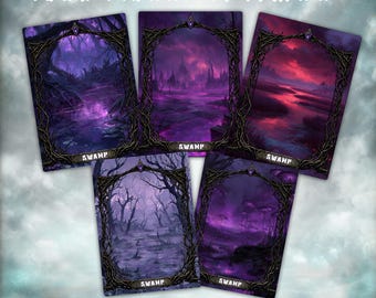 10 carte proxy terra base palude, set Palude di Dark Fantasy MTG, paesaggio palude viola a illustrazione completa, foil o non foil