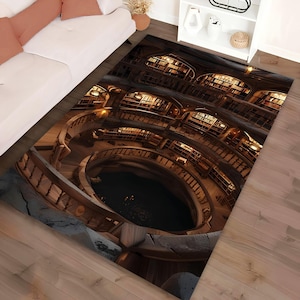 May include: A rectangular area rug featuring a detailed illustration of a spiral library. The design includes wooden bookshelves, spiral staircases, and a dark central void, creating a three-dimensional effect. The rug has a warm, inviting color palette.
