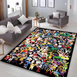 May include: A large rectangular black rug with a vibrant collage of cartoon characters. The rug is in a living room with grey furniture and neutral walls. The design features characters from various animated series, creating a colourful focal point.