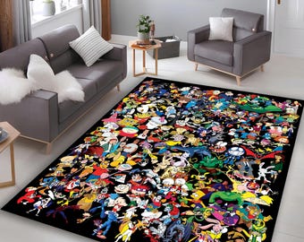 May include: A large rectangular black rug featuring a collage of colorful cartoon characters. The rug is placed in a living room setting, with gray furniture and neutral-toned walls. The design includes characters from various animated series.