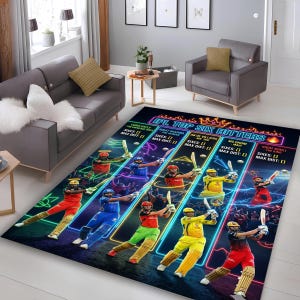 May include: A rectangular rug with a cricket theme, featuring dynamic illustrations of players in action. The design incorporates neon-style borders and text that reads "IPL TOP SIX HITTERS". The players are shown in various colourful uniforms.