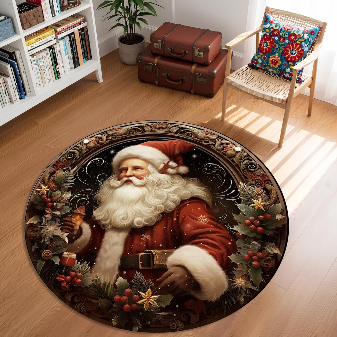 Vintage Santa Round Christmas Rug, Floral Noel Decor - Etsy