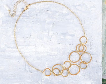 Delicate Gold Bib Necklace, Delicate Gold Necklace, Gold Circles Necklace, Gold Hoops Necklace, Short Geometric Necklace, Hammered Necklace