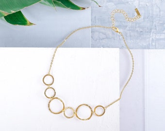 Romantic Gold Necklace, Delicate Gold Necklace, Gold Circles Necklace, Hoops Necklace, Hammered Necklace, Bridal Necklace, Wedding Jewelry