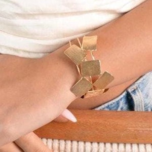 Geometric Gold Cuff Bracelet, Unique Modern Golden Cuff, Rectangle Open Cuff for Women, Statement Golden Cuff, Gold Statement Bracelet