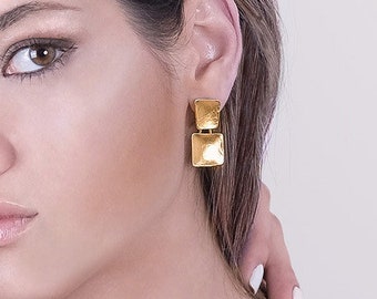 Square Dangle Earrings, Gold Square Studs, Geometric Gold Earrings, Gold Square Earrings, Dangling Geometric Earring, Modern Gold Earrings,