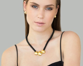 Black and Gold Statement Jewelry Set, Organic Shape Jewelry, Onyx and Gold Necklace with Matching Earrings, Gift Jewelry Set for Women