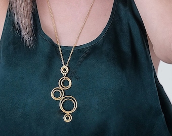 Long Gold Pendant Necklace, Circles Necklace, Golden Geometric Pendant, Modern Long Gold Necklace, Geometric Necklace, Gold Bubbles Necklace