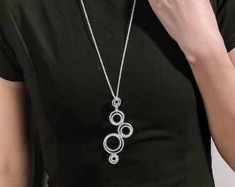 Modern Circles Silver Pendant, Long Geometric Necklace, Casual Pendant Necklace