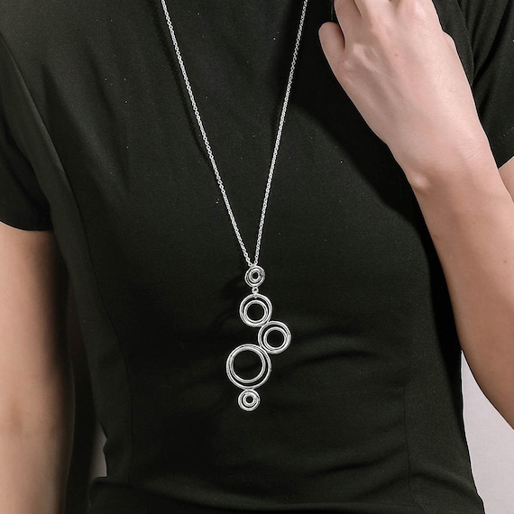 Modern Circles Silver Pendant, Long Geometric Necklace, Casual Pendant Necklace