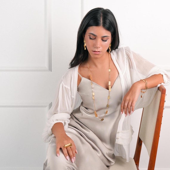 Long Gold Necklace, Long Double Strand Necklace with Rectangle Elements, Light Double Gold Fashion Necklace, Staple Gold Necklace Chain