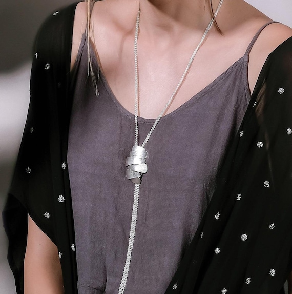 Geometric Silver Tie Necklace, Long Silver Tassel Necklace, Multistrand Geometric Pendant Necklace for Women