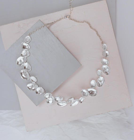 Silver Bib Necklace, Short Silver Statement Necklace, Unique Handmade Silver Choker, Shell Like Silver Choker Necklace, Modern Silver Bib
