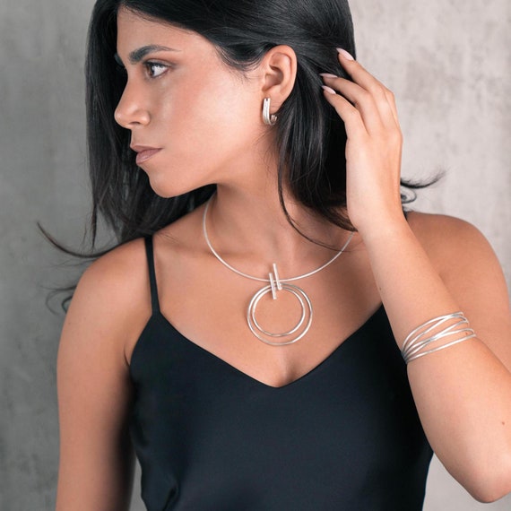 Large Silver Choker Pendant, Circles Silver Pendant Necklace, Large and Lightweight Geometric Pendant Choker, Short Statement Silver Pendant