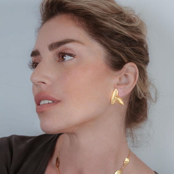 Unique Gold Stud Earrings, A-Symmetrical Golden Stud Earrings, Gold Leaf Post Earrings, Modern Gold Stud Earrings, Gold Clip On Earrings
