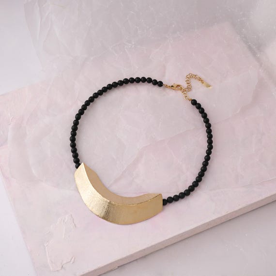 Unique Gold Bib Necklace, Gold and Black Beaded Short Necklace, Statement Cleopatra Necklace, Geometric Gold Choker, Modern Collar Necklace