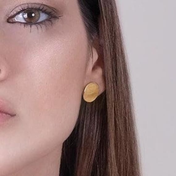Circle gold stud earrings, available in Silver and as Clip-On