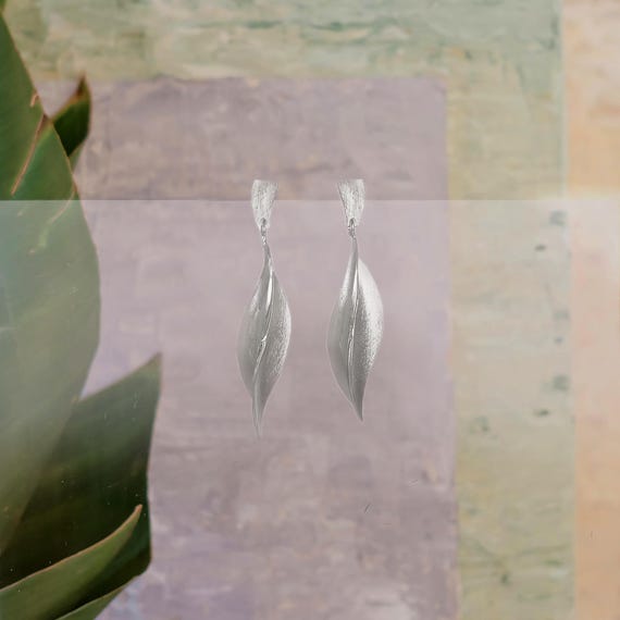 Long leaf-like Silver stud earrings, also available in Gold