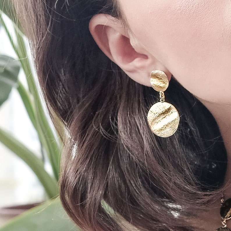 Gold Coin Clip On Earring, Clip-On Dangle Earring, Gold Dangle Earring Clips, Dangle Clip Ons, Gold Boho Clip Earring, Stud Coin Earring image 2