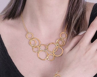 Gold Circles Necklace, Bohemian Jewelry, Gold Bib Necklace, Unique Gold Necklace, Gold Hoops Necklace, Geometric Necklace, Hammered Necklace