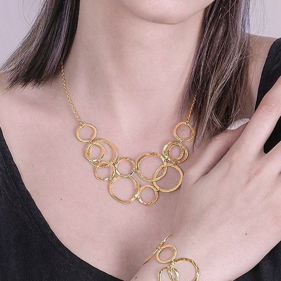 Gold Circles Necklace, Bohemian Jewelry, Gold Bib Necklace, Unique Gold Necklace, Gold Hoops Necklace, Geometric Necklace, Hammered Necklace