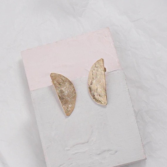 Gold semi circle stud earrings, also available in Silver