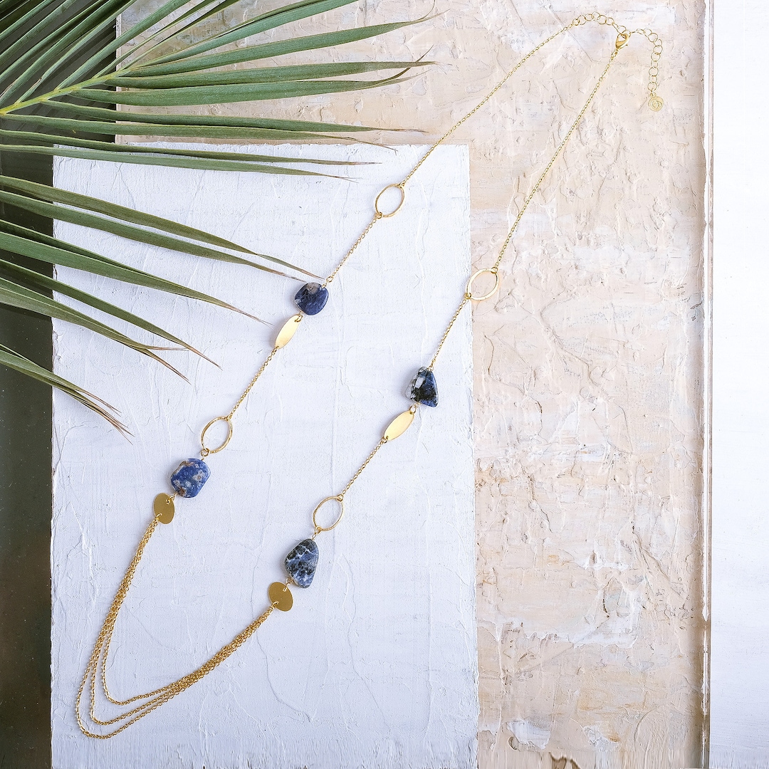 Long Gold Necklace, Blue Beaded Necklace, Gold Gemstone Necklace, Long ...