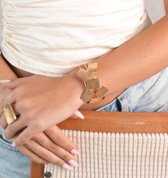 Geometric Gold Cuff Bracelet, Unique Modern Golden Cuff, Rectangle Open Cuff for Women, Statement Golden Cuff, Gold Statement Bracelet