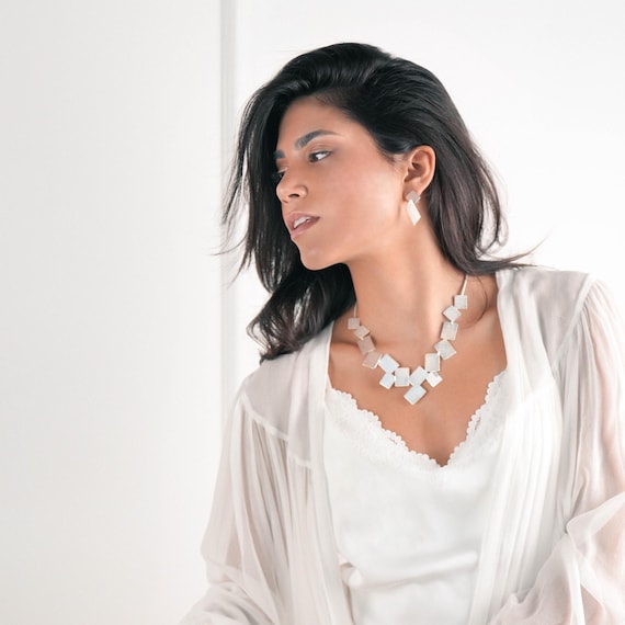 Silver Geometric Set for Her, Maximalist and Modern Jewelry Set for Women, Gift Earrings and Necklace Set, Birthday gift for Mom