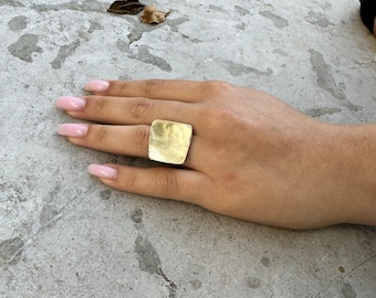 Golden Rectangular A-symmetric Ring, Adjustable Geometric Gold Rectangular Ring, Elegant Statement Ring