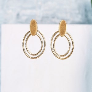 Geometric Gold Earrings, Gold Modern Earrings, Dangling Gold Stud, Oval Earrings, Gold Boho Earrings, Drop Post Earrings, Dangle Earrings image 2
