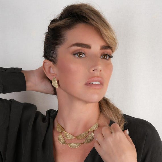 Gold Geometric Necklace and Earrings Jewelry Set, Boho Chic Layered Necklace and Matching Earrings in Gold, Handmade Half Coin Gold Jewelry