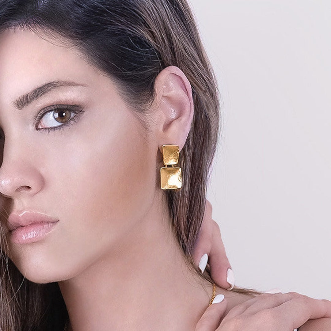 Square Dangle Earrings, Gold Square Studs, Geometric Gold Earrings ...