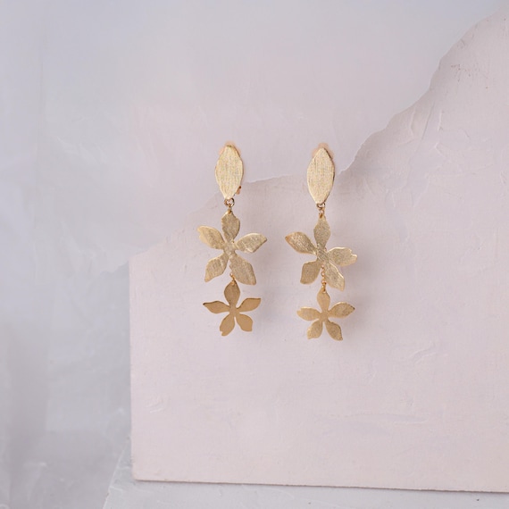 Long Gold flower stud earrings, also available as Clip-On and Silver