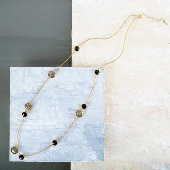 Cabochon Long Gold Fashion Necklace, Gemstone Necklace, Gold Necklace, Gold and Gemstone Necklace, Gold Fashion Necklace, Cabochon Necklace
