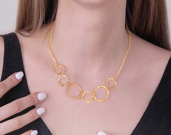 Gold Circle Necklace, Wedding Jewelry, Delicate Gold Necklace, Short Gold Necklace, Hoops Necklace, Hammered Necklace, Unique Necklace Women