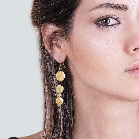 Gold dot dangle hook earrings, also available as Clip-On and Silver