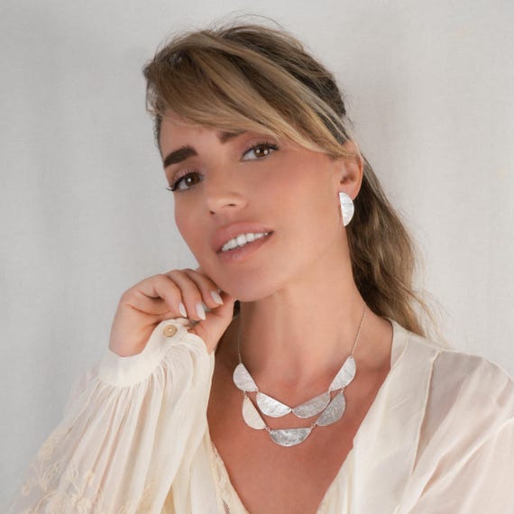 Silver Earring and Necklace Jewelry Set, Boho Chic Semicircle Bib Necklace and Stud Earrings, Layered Necklace and Matching Earring Set