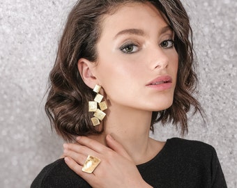Gold Statement Earring, Geometric Statement Earring, Geometric Chandelier Earring, Large Earring, Gold Dangle Earring, Long Clip On Earring