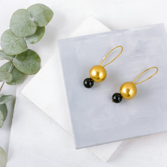 Gold and Black Bead Earrings, Gold and Black Gemstone Dangle Earrings, Gold Drop Earrings, Gold Beaded Earrings, Dangling Gold Earrings