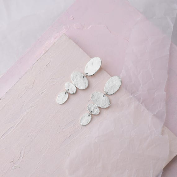 Modern Silver dangling stud earrings, also available in Clip-On and Gold